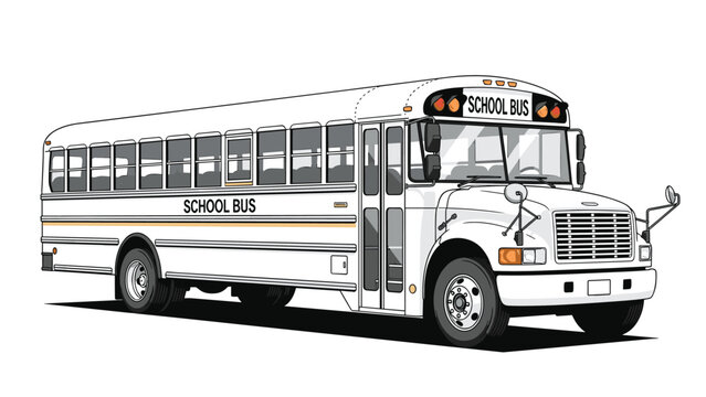 Detailed side-view illustration of a large classic American school bus in a clean white color with orange warning stripes.