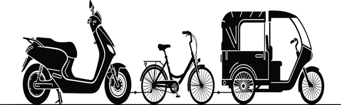 Black silhouette transport collection featuring scooter bicycle and auto rickshaw vector illustration urban mobility concept minimal modern design
