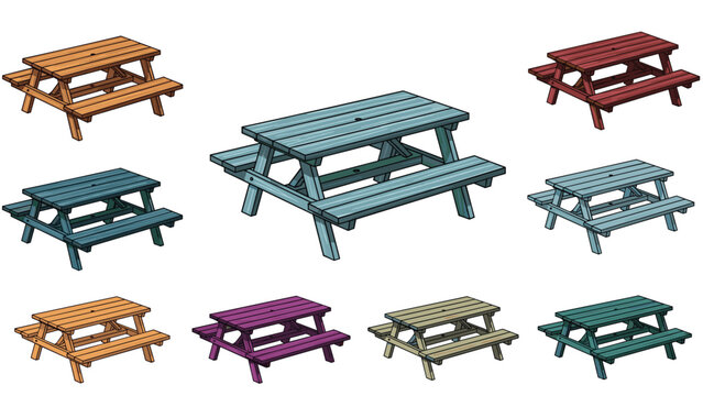 Collection of wooden picnic tables in various colors and perspectives suitable for park furniture catalogs or outdoor area planning.