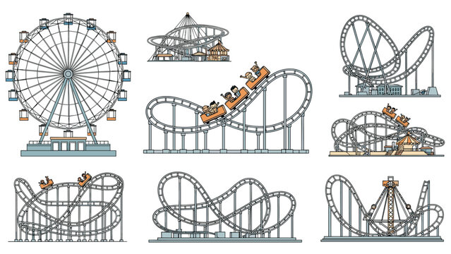 Collection of amusement park rides including a large ferris wheel and various roller coasters presented in a clean line art style.