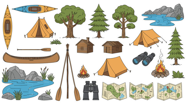 Large set of outdoor camping elements including tents cabins canoes trees maps and binoculars for adventure travel and nature graphics.