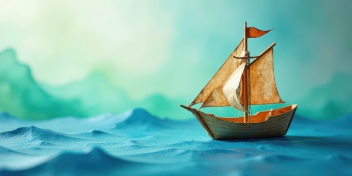 A miniature sailboat navigates a tranquil, stylized ocean, symbolizing adventure and the pursuit of dreams on a serene journey