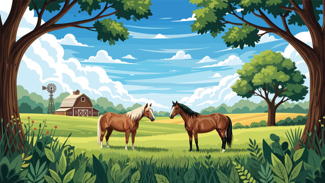 Idyllic farm landscape featuring two horses standing in a lush green field with a barn and windmill under a bright blue summer sky.