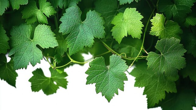Close-up of vibrant green grapevine leaves and curling tendrils cascading over a bright background, evoking fresh peaceful rejuvenating calm