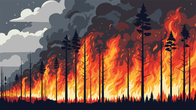 Intense forest fire with tall orange flames and thick grey smoke consuming a pine forest in a dramatic pixel art illustration.