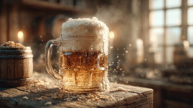 Photorealistic 1850s beer mug overflowing with frothy foam, cinematic lighting highlighting ultra-detailed texture and golden amber liquid in historical pub setting.