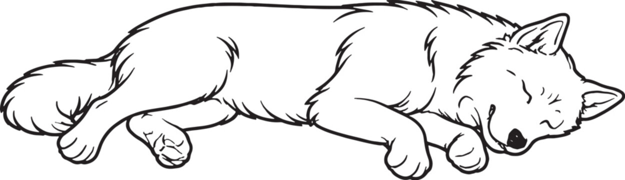 Alaskan Malamute Sleeping on Side Relaxed Black and White Line Art Illustration
