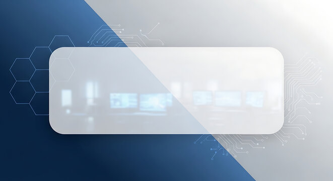 Futuristic abstract digital technology background features a dynamic split design with deep blue hexagonal patterns and light grey circuit board lines creating a sleek professional high-tech atmospher
