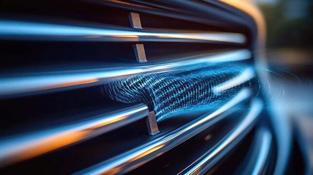 close-up of metallic car grille with chrome horizontal slats and glowing blue holographic fingerprint pattern evoking a sleek futuristic security feel