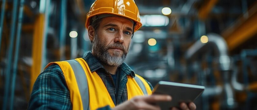 Focused industrial worker in hard hat and reflective vest using a tablet among pipes and machinery, conveying concentration and professionalism