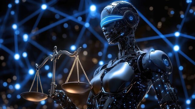 stoic humanoid robot with a glowing blue visor holding brass scales of justice in front of a connected blue network, conveying calm impartiality