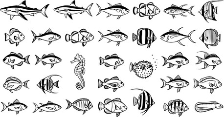 Marine Life Doodle Set: A Collection of Hand-Drawn Fish and Sea Creatures © victoria