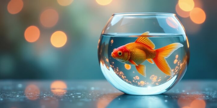 A single goldfish swims serenely in a glass bowl, illuminated by a soft, warm glow. The scene evokes a sense of peace and tranquility.