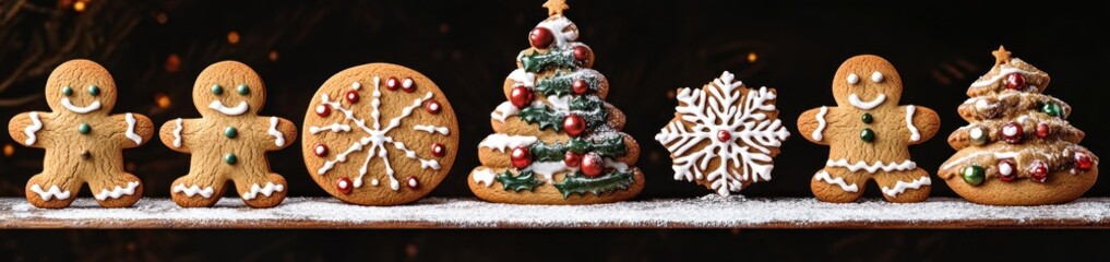 Fototapeta premium Cheerful smiling gingerbread people, decorated snowflake and stacked tree-shaped cookies dusted with powdered sugar on a dark background, festive holiday display