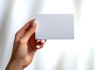 Obraz premium woman's manicured hand holding a blank white business card against a soft white background, minimal elegant professional mockup with clean inviting lighting