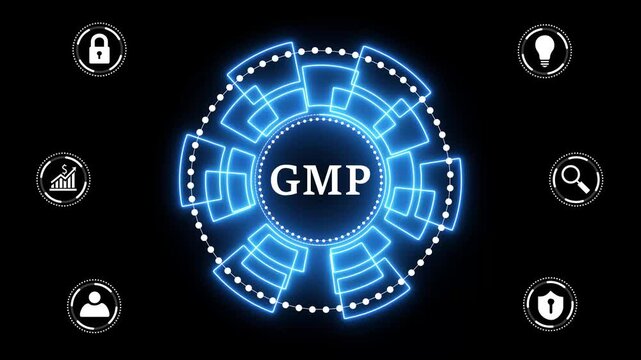 Good manufacturing practice certification quality control on virtual screen. GMP .glowing animation on black background.4K