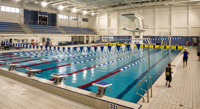 Indoor swimming pool with multiple lanes and swimmers