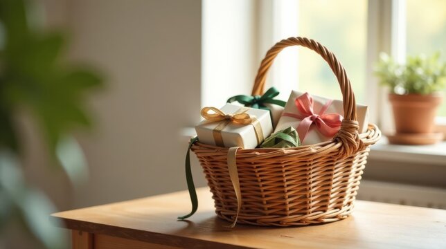 A wicker basket overflowing with elegantly wrapped presents sits on a wooden surface near a sunlit window, conveying a sense of thoughtful gifting and celebration.