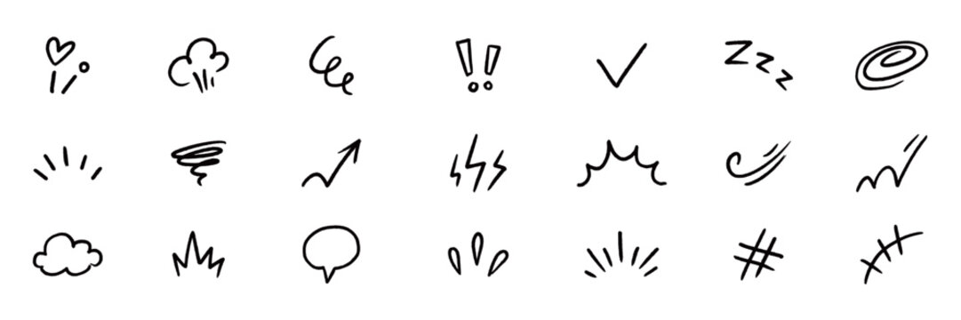 Line element movement hand drawn set. Hand drawn sketch line element icon brush pencil stroke movement chalk. Cute comic cartoon emoji bubble heart star sparkle expression manga. Vector illustration
