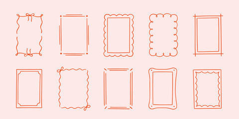 Border frame hand drawn line set. Hand drawn border frame line ribbon bow ornament vintage wedding card. Cute romantic valentine invitation decoration elegant poster design. Vector illustration