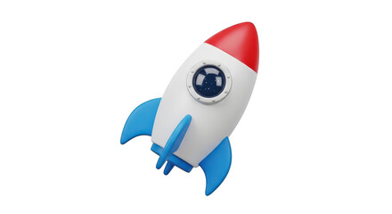 Obraz premium A colorful cartoon style rocket ship with a red nose cone and blue fins designed for space travel