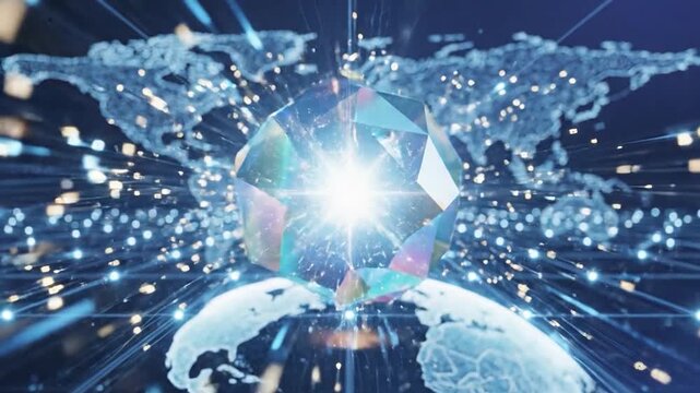 A radiant multifaceted gem shines brightly above a digital representation
