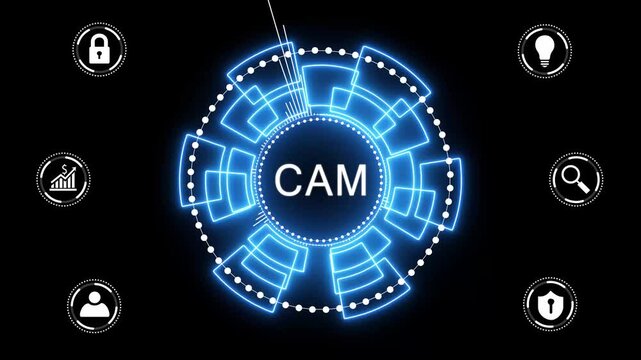 CAM Computer-aided manufacturing industrial technology automation concept. glowing animation on black background.4K