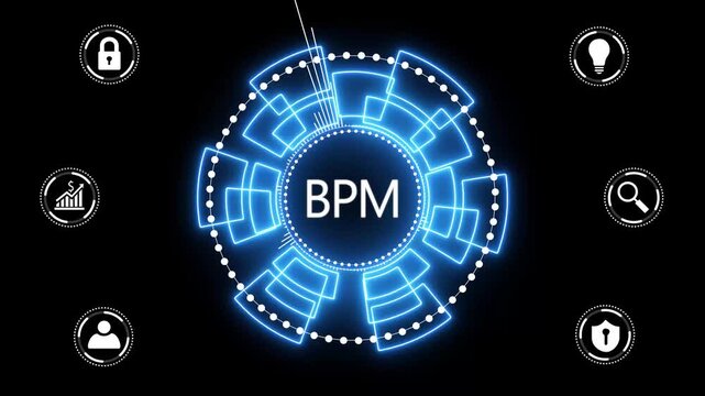 BPM Business process management system technology concept. glowing animation on black background..4K