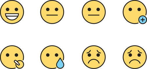 Naklejka premium Minimal Emoji Face Vector Set with Happy Neutral Thinking Add Tear and Sad Expression Icons for Digital Communication
