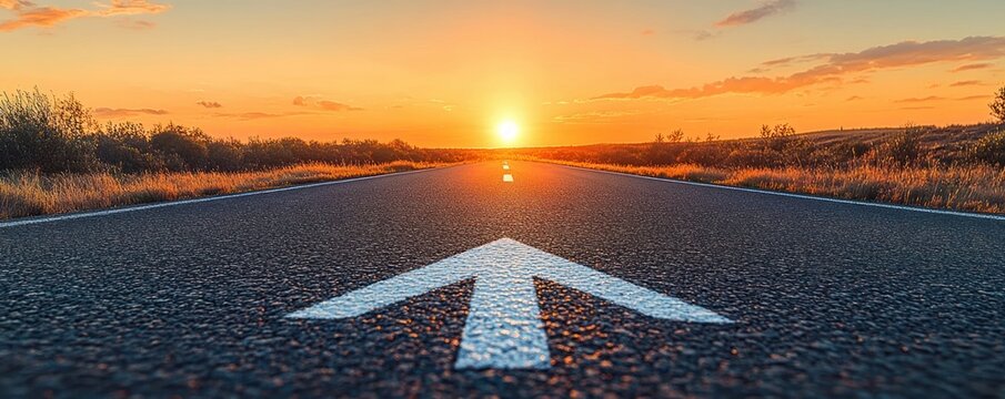 Low-angle empty asphalt road with white forward arrow leading to a glowing sun on the horizon, golden grasses on either side, warm serene and hopeful atmosphere