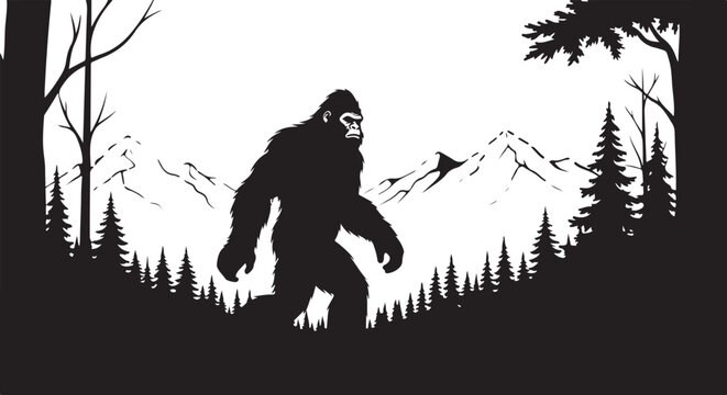Bigfoot in the forest with mountains in background silhouette