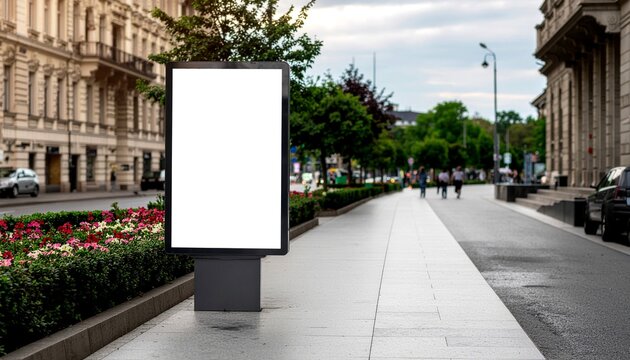 Empty billboard mockup on city street sidewalk with blurred urban background, outdoor advertising space for branding, marketing campaigns and promotions