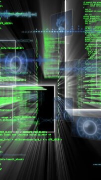 Vertical video: Glowing portal spurring zoom, stretching HUDs, neon code, mimicking tech travel