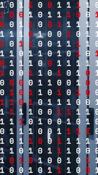 Vertical video: Binary columns flickering on play, highlighting red digits, revealing layout for UI