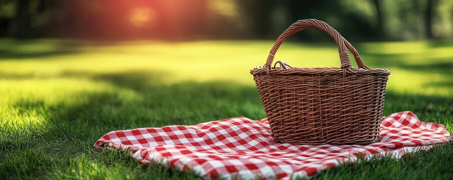 empty wicker picnic basket on red checkered blanket on sunlit green grass in a peaceful park, warm inviting summer calm