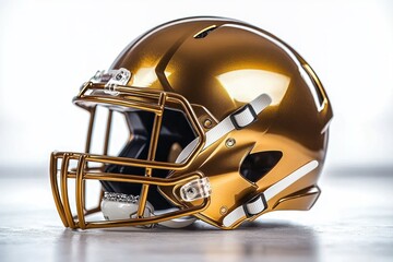 Fototapeta premium glossy metallic gold football helmet with facemask and chin strap, sleek reflective surface conveying power and readiness