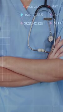 Nurse with crossed arms, camera rising, medical charts appearing on torso to show metrics, smiling