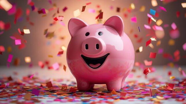 Smiling glossy pink piggy bank on a table surrounded by falling colorful confetti, festive and joyful celebration atmosphere