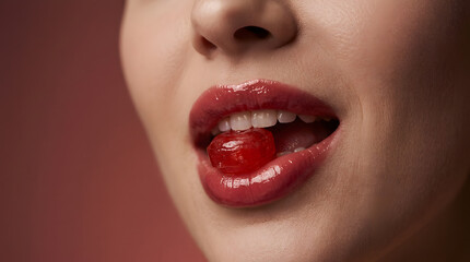 Naklejka premium Glossy red lips bite into a small red hard candy against a warm burgundy background, blending playful sweetness with high-end beauty aesthetics.