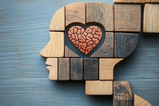 wooden block silhouette of a human head with a heart-shaped brain piece at its center on a painted blue wood background suggesting compassion and mental wellbeing