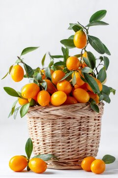 Fresh kumquats in basket with green leaves on white background, vertical