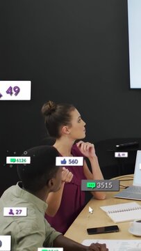 Vertical video: Woman in biz mtg slide causing likes or comments or fans rise or fall overlap team d