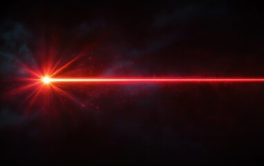 Fototapeta premium Bright red laser beam shoots from a glowing dot on the left across a dark, smoky background, creating a dramatic futuristic light.