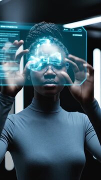 Woman using augmented reality interface manipulating holographic globe and floating panels, precise hand gestures, lab lighting, inquisitive expression, education and creative design context