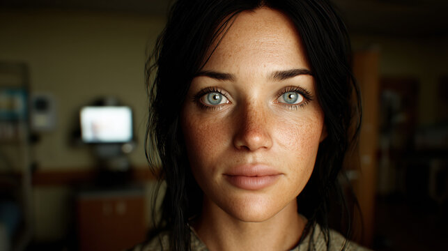 Woman in hospital room frontal portrait with medical monitor