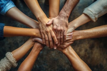 close-up top view of multiple diverse hands and forearms stacked together expressing unity, teamwork, trust and solidarity