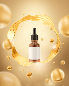 Gold cycle splash with serum bottle mock-up, Cosmetic product concept, Clipping path, 3D rendering