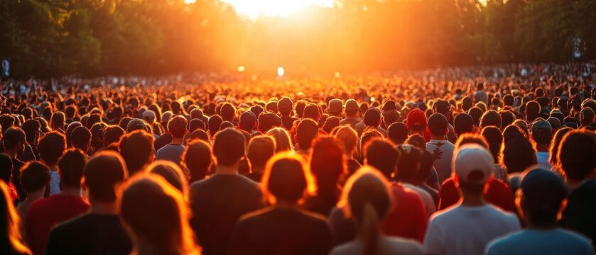 backlit crowd gathered outdoors at sunset with warm golden light, tree-lined sides and silhouetted heads conveying unity, anticipation and shared excitement