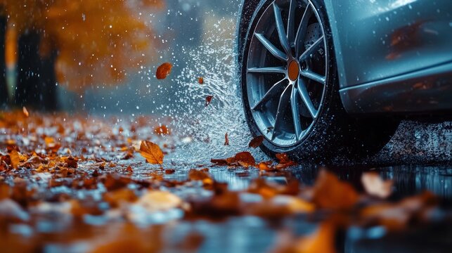 Close-up of car wheel splashing through a rainy autumn puddle with orange leaves scattering, energetic wet motion and moody seasonal atmosphere