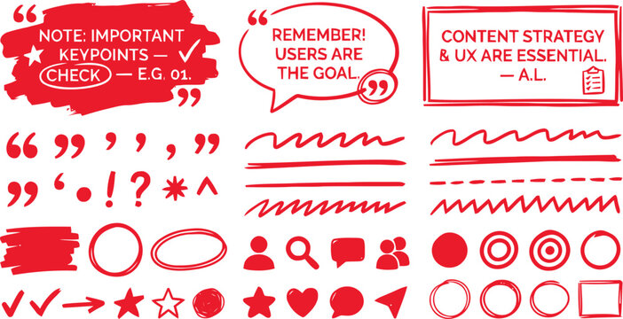 Collection of red hand-drawn elements commonly used for highlighting, emphasizing, or annotating text. 